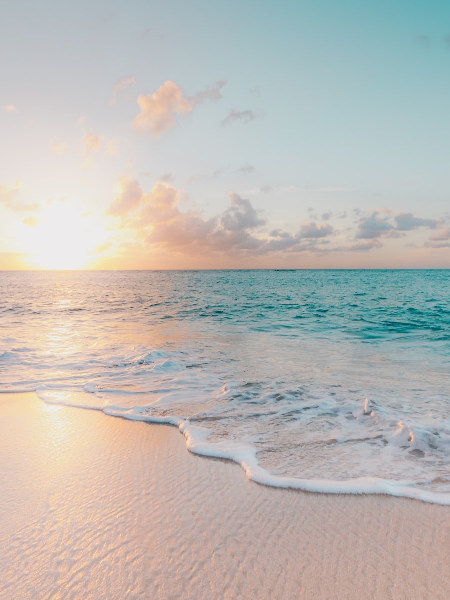 Turquoise lagoon meeting a sandy beach in a waterfront community